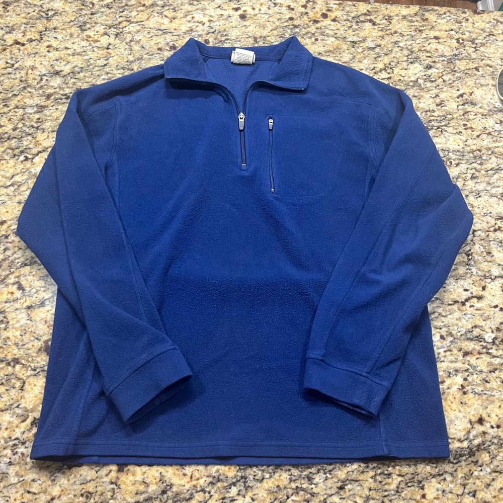 LL Bean Mens Blue Quarter Zip Fleece Pullover Jacket Chest Pocket Size Medium